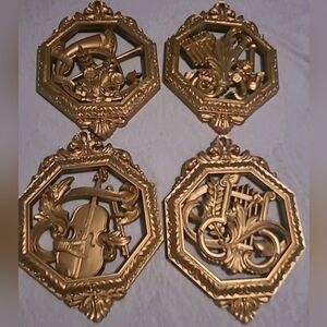 HOMCO Set Of  4 Gold Decor Musical Instrument Plaques Vintage Made In The USA